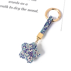 Sapphire PU Leather & Rhinestone Keychain, with Alloy Spring Gate Rings, Star, Sapphire, 13x4.5cm