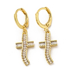 Clear Real 18K Gold Plated Brass Dangle Leverback Earrings, with Glass, Cross, Clear, 33.5x10mm