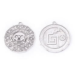 Antique Silver Tibetan Style Alloy Pendants, Flat Round with Skull, Antique Silver, 43x39x3mm