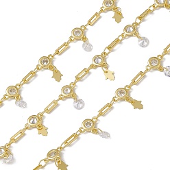 Real 18K Gold Plated Brass Rectangle & Cubic Zirconia Flat Round Link Chains, with Hamsa Hand Charms, with Spool, Soldered, Long-Lasting Plated, Cadmium Free & Nickel Free & Lead Free, Real 18K Gold Plated, 8.5x6.5x2mm and 6x2x0.5mm