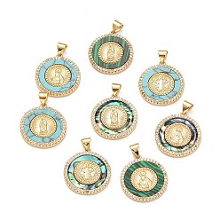 Mixed Color Brass Micro Pave Cubic Zirconia Pendants, with Gemstone/Paua Shell, Real 18K Gold Plated, Flat Round with Ramdon Pattern, Mixed Color, 22x20x2.5mm, Hole: 4.5x3mm
