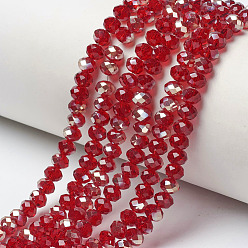 FireBrick Electroplate Glass Beads Strands, Half Plated, Rainbow Plated, Faceted, Rondelle, FireBrick, 4x3mm, Hole: 0.4mm, about 123~127pcs/strand, 16.5~16.9 inch(42~43cm)