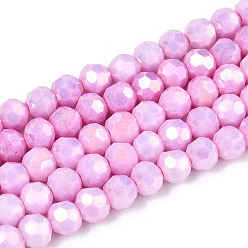 Бледно-Розовый Антикоррозийные гальванические стеклянные бусины, имитация драгоценных камней, круглые, с покрытием AB цвета, граненый(32 граненый), розовый жемчуг, 4~4.5x3.9 мм, отверстие : 0.8 мм, около 99~100 шт / нитка, 14.76~15.75'' (37.5~38 см)