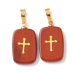 Красный Камень Природные красной яшмы подвески, с латунной фурнитурой и 304 кабошонами из нержавеющей стали, золотые, прямоугольник с подвесками в виде креста, 23~23.5x13~13.5x3.5~4 мм, отверстие : 7.5x4 мм
