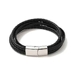 Noir Bracelet multi-rangs tressé en cuir microfibre avec 304 fermoir magnétique en acier inoxydable pour homme femme, noir, 8-5/8 pouce (22 cm)