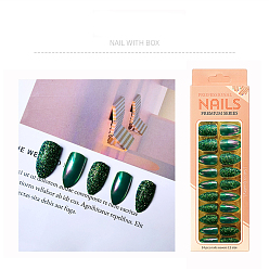 Dark Green Plastic Full Cover Press on False Nail Tips, Nail Art Detachable Manicure, solid Nails & Glitter Nails, Teardrop, Dark Green, 19~25x11.5~20mm, 24pcs/box