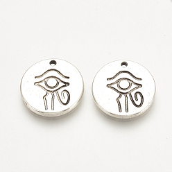 Antique Silver Tibetan Style Alloy Charms, Flat Round with Egyptian Eye of Horus, Cadmium Free & Lead Free, Antique Silver, 15x2mm, Hole: 1mm