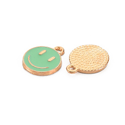 Light Green Alloy Enamel Charms, Cadmium Free & Lead Free, Smiling Face, Light Gold, Light Green, 14.5x12x1.5mm, Hole: 1.5mm
