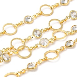 Real 18K Gold Plated Rack Plating Brass Ring & Flat Round Link Chain, with Cubic Zirconia, Unwelded, Long-Lasting Plated, Lead Free & Cadmium Free, Real 18K Gold Plated, 13x7x3.5mm, 10x1mm