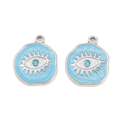 Нержавеющая Сталь Цвет 304 нержавеющей стальной эмали подвески, плоский круглый с подвесками для глаз, со стразами, ионное покрытие (ip), цвет нержавеющей стали, 19x16.5x2.5 мм, отверстие : 2 мм