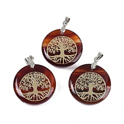 Полосатый Агат Плоские круглые подвески из натурального полосчатого агата (окрашенного и нагретого), подвески в виде дерева жизни с платиновым покрытием, латунные, с застежкой на дужке, без кадмия и без свинца, 30.5~32x25~25.5x6.5~7.5 мм, отверстие : 4.5x3.5 мм
