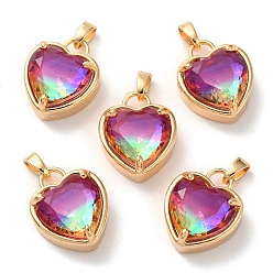Fuchsia K9 Glass Pendants, with Golden Tone Brass Findings, Faceted, Heart Charms, Fuchsia, 18x15x7.7mm, Hole: 5x3mm
