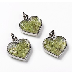 Peridot Glass Bottle Pendants, with Natural Peridot Chips and Platinum Plated Alloy Findings, Heart, 40x32.5x11mm, Hole: 8x5mm