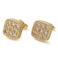Golden Brass Micro Pave Cubic Zirconia Stud Earring, Long-Lasting Plated, Square, Golden, 10x10mm