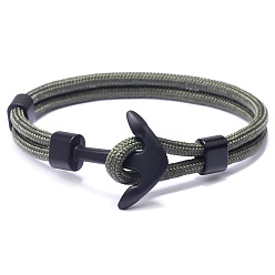 Dark Olive Green Polyester Cord Multi-strand Bracelets, with Alloy Anchor Clasps, Gunmetal, Dark Olive Green, 21cm