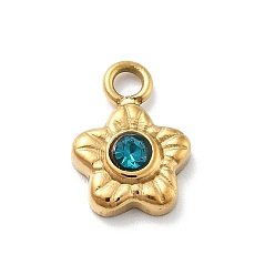 Синий Циркон Цветок 304 из нержавеющей стали амулеты горный хрусталь, ионное покрытие (ip), реальный 14 k позолоченный, синий циркон, 9.5x7x2.5 мм, отверстие : 1.6 мм