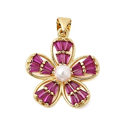Светло-Вишневый Латунные микро проложить кубического циркония подвески, с абс пластмассовой имитационной жемчужиной, , без кадмия и без свинца, долговечный, стойки покрытие, светло-вишневый, 23.5x21x6 мм, отверстие : 5x3.5 мм