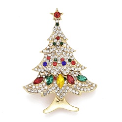 Golden Colorful Christmas Tree Rhinestone Brooch, Alloy Badge for Backpack Clothes, Golden, 56x40x10.5mm