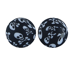 Black Round with Skull Print Pattern Food Grade Silicone Beads, Silicone Teething Beads, Black, 15mm