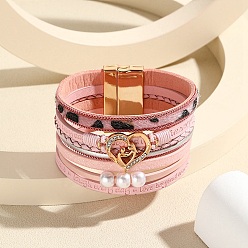 Pink Heart Link Leather Multi-strand Bracelets, Word Bracelet with Magnetic Clasp for Mother's Day, Pink, 7-7/8 inch(20cm)
