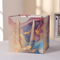 Colorful Marble Pattern Kraft Paper Bags, with Ribbon Handles, Gift Bags, Shopping Bags, Square, Colorful, 20x20x20cm