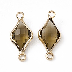 Smoky Quartz Transparent K9 Glass Connector Charms, with Light Gold Plated Brass Findings, Faceted, Rhombus Links, Smoky Quartz, 22x10x4.5mm, Hole: 2mm