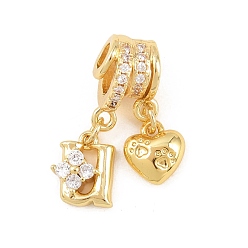 Letter U Латунные микропаве прозрачные подвески с фианитом, сердце прелести, долговечный, стойки покрытие, без кадмия и без свинца, реальный 18 k позолоченный, Буква U, 23 мм, отверстия : 3 mm и 4 мм, Сердце: 8.5x8x3.5 mm, Письмо: 10x8x3.5 мм