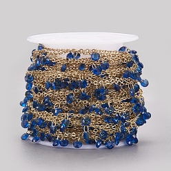 Royal Blue Handmade Glass Beaded Chains, Soldered, with Spool, Brass Chain, Long-Lasting Plated, Golden, Royal Blue, 4x2mm, about 32.8 Feet(10m)/roll