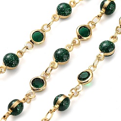 Real 18K Gold Plated Handmade Green Glass Flat Round & Round Link Chains, with Brass Findings, with Spool, Soldered, Real 18K Gold Plated, 9.5x4.5x4.5mm, 10x4.5x1.8mm, about 16.40 Feet(5m)/Roll