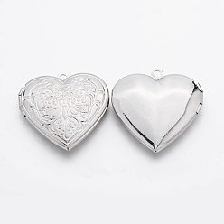 Platinum Romantic Valentines Day Ideas for Him with Your Photo Brass Locket Pendants, Photo Frame Charms for Necklaces, Heart, Platinum, about 29mm in diameter, 7mm thick, hole: 2mm