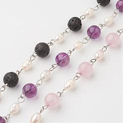 Mixed Stone Handmade Chains for Necklaces Bracelets Making, with Gemstone, Grade A Natural Freshwater Pearl and 304 Stainless Steel Eye Pin, Unwelded, 39.37 inch(1m)
