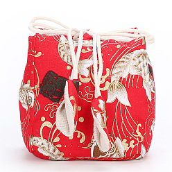 Dark Red Chinese Style Printed Cotton Packing Pouches Drawstring Bags, Square, Dark Red, 10x11cm