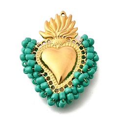 Темный Голубой 304 подвески из нержавеющей стали, со стеклянными бисеринами, очарование священного сердца, реальный 18 k позолоченный, темные голубые, 44~44.5x34~35x7 мм, отверстие : 1.2 мм