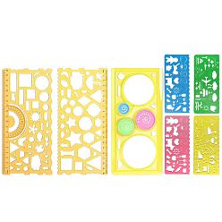 Yellow Multifunctional Plastic Geometric Drawing Ruler Set, Draft Template, for Architecture, Office, Studying, Designing, Painting Supplies, Yellow, 7pcs/set