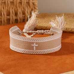 Tan Cross Embroidered Tassel Cloth Woven Braid Bracelet, Tan, Inner Diameter: 2-1/8~2-5/8 inch(5.5~6.8cm)