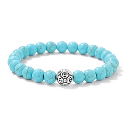 Синтетическая Бирюза Синтетические бирюзовые круглые эластичные браслеты из бисера, талисманы из сплава, ювелирные украшения на удачу для женщин и мужчин, 7.48 дюйм (19 см)