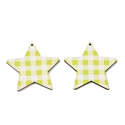 Yellow Green MDF Double-faced Printed Big Pendants, Star with Tartan Pattern Charms, Yellow Green, 47.5x50x2.5mm, Hole: 1.8mm
