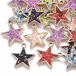 Light Gold UV Plating Acrylic Pendants, with Imitation Leather inlaid Glitter Sequins/Paillette, Star, Mixed Color, Light Gold, 24x22x2.5mm, Hole: 1.8mm