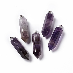 Amethyst Natural Amethyst Double Terminated Pointed Pendants, with Platinum Tone Brass Findings, Bullet, 39x10x10mm, Hole: 3x6mm