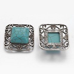 Antique Silver Tibetan Style Alloy Filigree Joiners, with Synthetic Turquoise, Square, Antique Silver, 33.8x33.8x10mm, Hole: 2x3mm