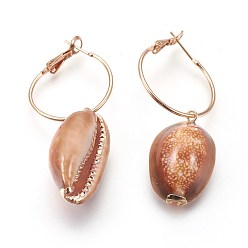 Golden Brass Hoop Earrings, Dangle Earrings, with Cowrie Shell, Golden, 54~58mm, Shell: 25~31x15~18x11.5~13.5mm, Pin:0.6mm