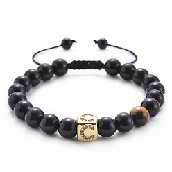 C-Black Agate Bracelet Square Gemstone Letter Bracelet with Natural Agate and Tiger Eye Beads - A to Z Alphabet Design