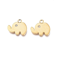 Golden Ion Plating(IP) 304 Stainless Steel Charms, Manual Polishing, with Crystal Rhinestone, Elephant, Golden, 11.5x12.5x1.2mm, Hole: 1.8mm