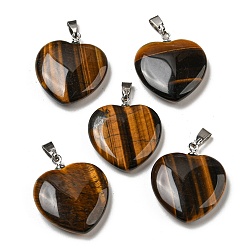 Tiger Eye Natural Tiger Eye Pendants, Heart, with Brass Findings, Platinum, 22~23x20~20.5x6~7.5mm, Hole: 5x8mm