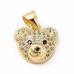 Clear Rack Plating Brass Micro Pave Cubic Zirconia Charms, Cadmium Free & Lead Free, Real 18K Gold Plated, Long-Lasting Plated, Bear Head Charm, Clear, 11.5x12x5mm, Hole: 3.5x4.5mm