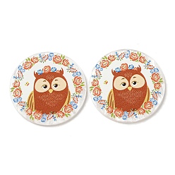 Sienna Opaque Acrylic Pendants, Flat Round with Owl, Sienna, 37.5x2.5mm, Hole: 1.6mm