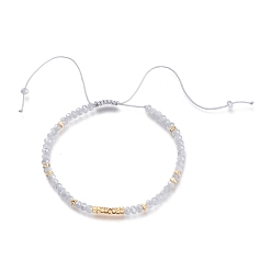 WhiteSmoke Adjustable Nylon Thread Braided Bead Bracelets, with Faceted Glass Beads and Real 18K Gold Plated Brass Beads, Rondelle, WhiteSmoke, Inner Diameter: 1-3/4~3-5/8 inch(4.6~9.3cm)