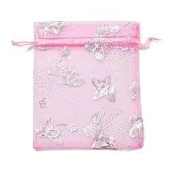 Hot Pink Rectangle Printed Organza Drawstring Bags, Silver Stamping Butterfly Pattern, Hot Pink, 12x10cm
