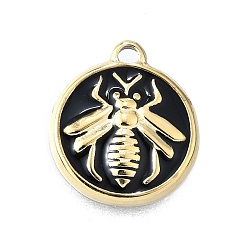 Черный 304 прелести нержавеющей стали, настоящее 14k позолоченное плоское круглое с пчелой, с эмалью, ионное покрытие (ip), чёрные, 14.5x12.5x2 мм, отверстие : 1.4 мм