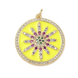 Настоящее золото 18K Латунные микро-паве красочные кубические циркониевые подвески, с эмалью и кольцами для прыжков, плоские круглые с цветком, реальный 18 k позолоченный, 27x25x3 мм, отверстие : 3.5 мм